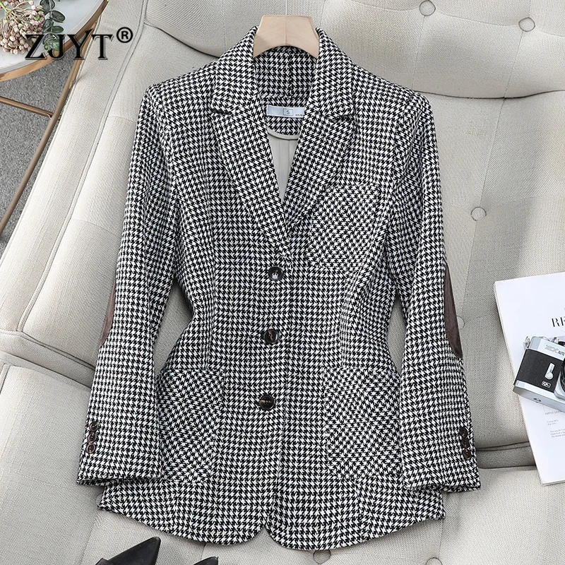 

ZJYT Korean Fashion Autumn Winter Casual Blazers for Women Turn Down Collar Single Breasted Vintage Plaid Jackets Coats Female