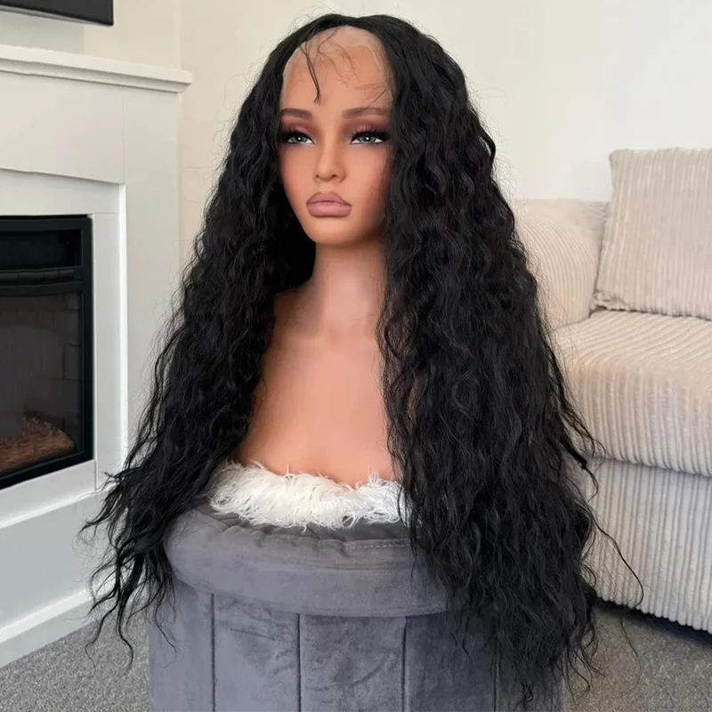 New In Lace Front Wigs 28inch 180density Kinky Curly Synthetic Deep Water Wave For Black Women Pre Plucked With Baby Hair