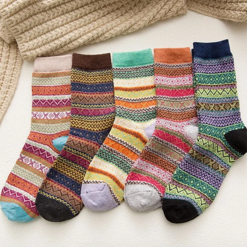 Women's winter warm socks, knitted wool boat socks, multi-color average size, cruciform thick needle retro stockings 5 pairs.