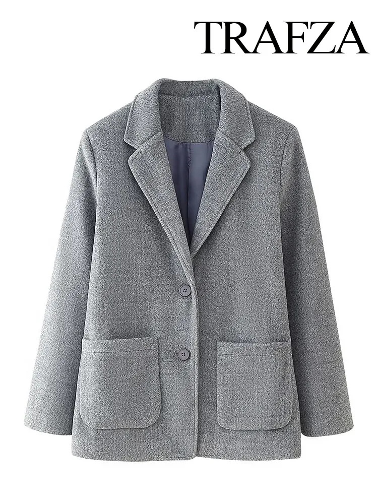 TRAFZA-Blazer en laine à col rabattu pour femme, manteau avec poches, bouton unique, design élégant, manches longues, monochrome, haut décontracté, automne