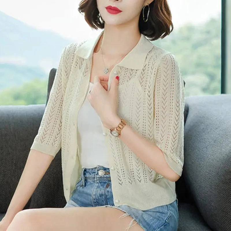 Thin Hollow Out Loose Knitted Cardigan Women Half Sleeve Shawl Korean Sunscreen Short Tops Ice-silk Elegant Spring Summer Coats