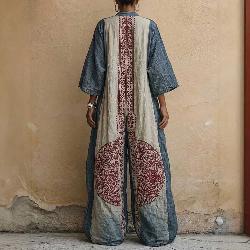 Womens Boho Ethnic Print Oversized Jumpsuit V Neck Batwing Wide Leg Long Pantsuit New Vintage Loose Vacation Romper With Pockets