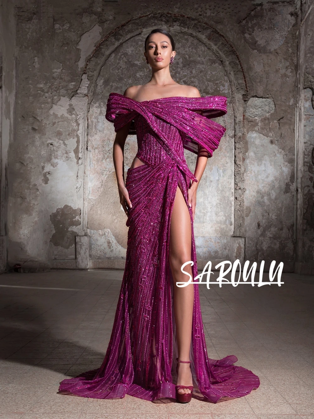 

Dramatic Off-the-shoulder Fuchsia Evening Dress Fashionable Dazzling Sexy High Slit Customized Beaded Corset Prom Gown