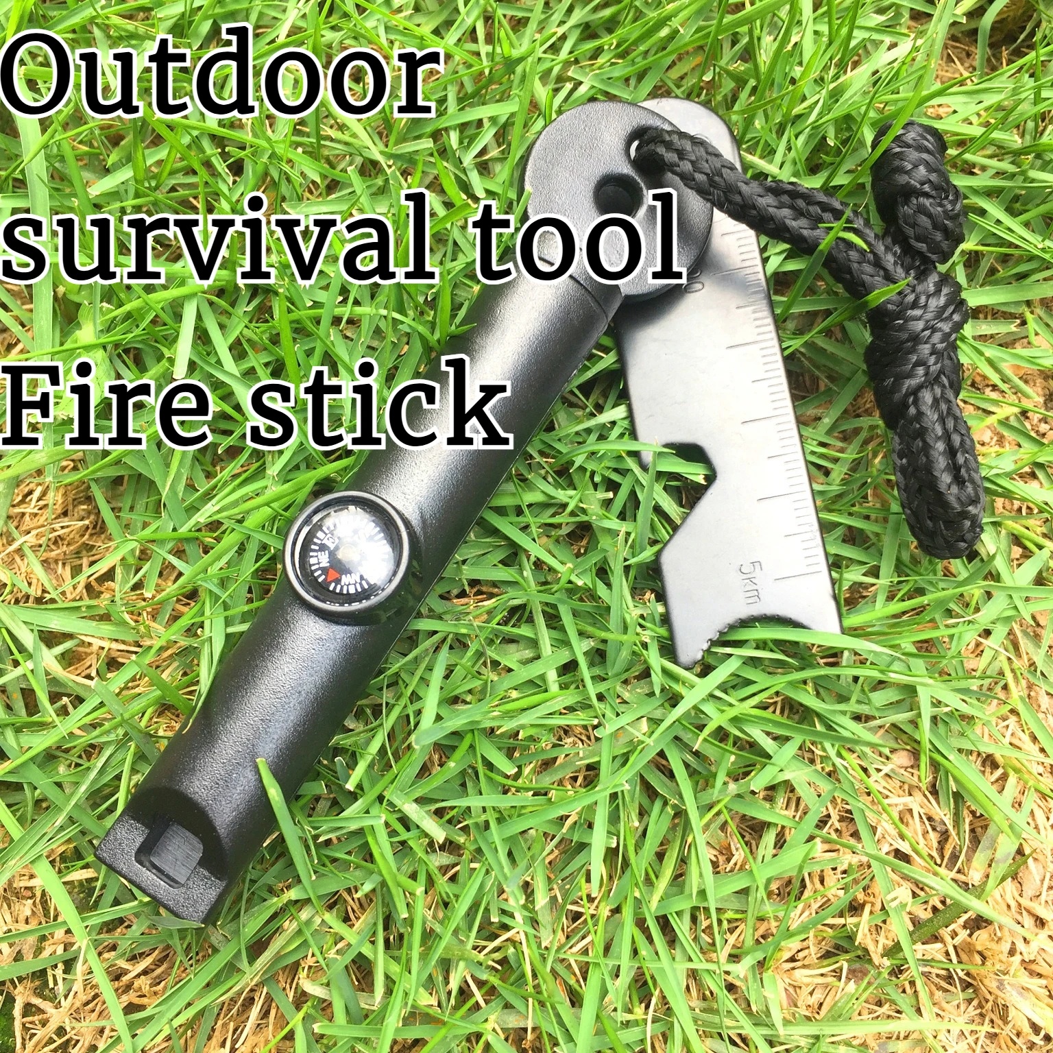 Multi-function Fire-starting Ferro Rod with Built-in Compass, Emergency Whistle, Multi-purpose Scraper with Measurements
