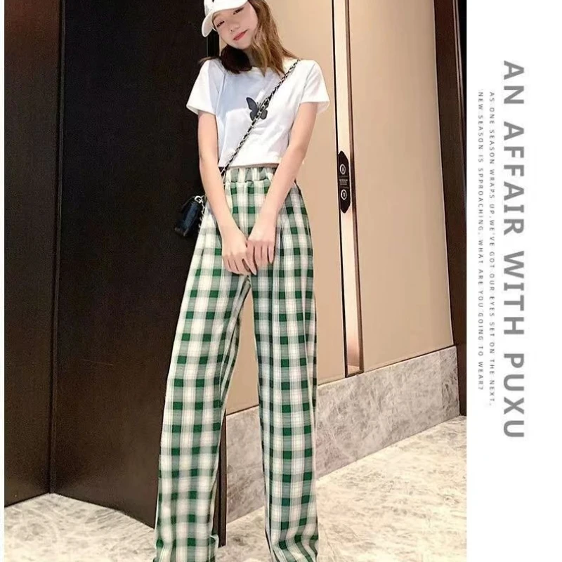 

2025 Summer New Women Fashion High Waist Slimming Plaid Straight Leg Pants for Home Leisure and Breathable Wide Leg Pants