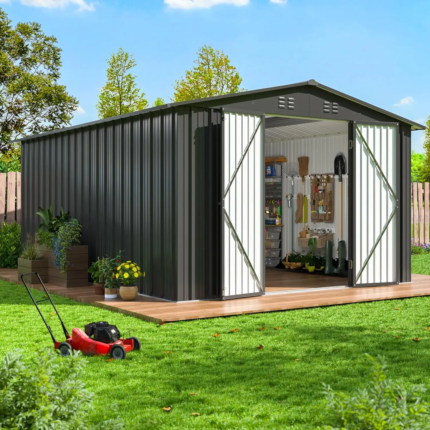 

Сарай для хранения на открытом воздухе 10x10 футов, металлический садовый сарай для инструментов с обновленной каркасной конструкцией и запираемыми дверями, идеально подходит, на заказ