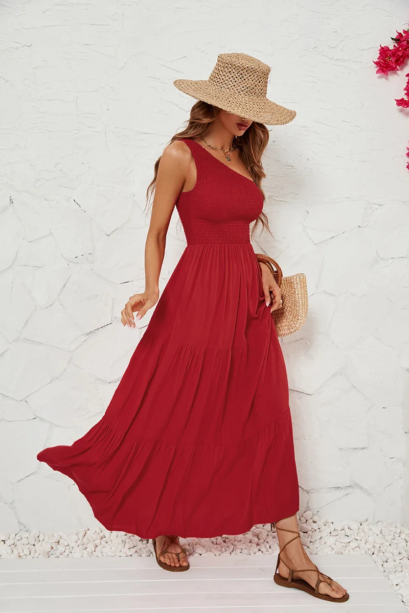Mulheres elegantes vestido longo um ombro sem mangas casual verão midi vestido solto plissado em camadas flowy praia maxi vestido de sol