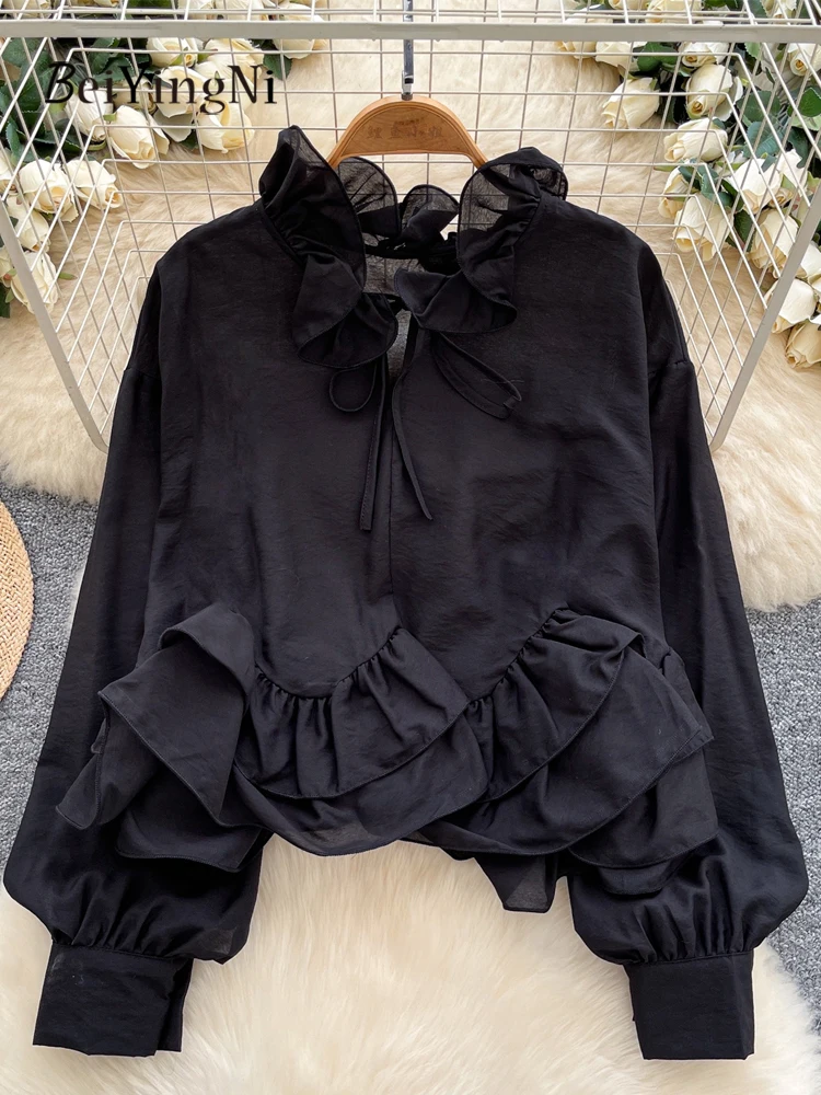 Beiyingni Camicette da donna coreane di moda Chic manica lunga con lacci Top femminile Albero commestibile Fungo Casual Increspature irregolari Blusas