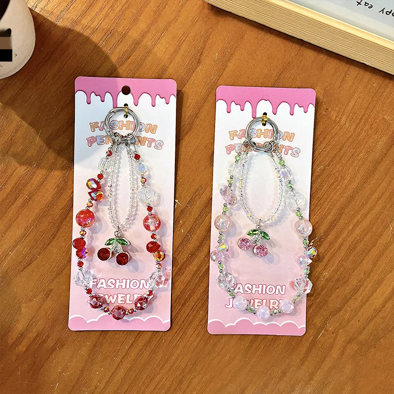 Cute 3D Cherry Pendant Phone Chain Lanyard Charm Strap Wrist Bead Cord Bracelet Keychain For iPhone Girl Hanging Rope Jewelry