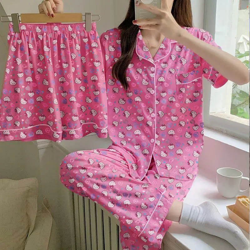 

Горячая сексуальная футболка Sanrio Girl, шорты, пижамный костюм Kawaii Hello Kitty, аниме, модные брюки, одежда для отдыха, костюм-тройка, новый