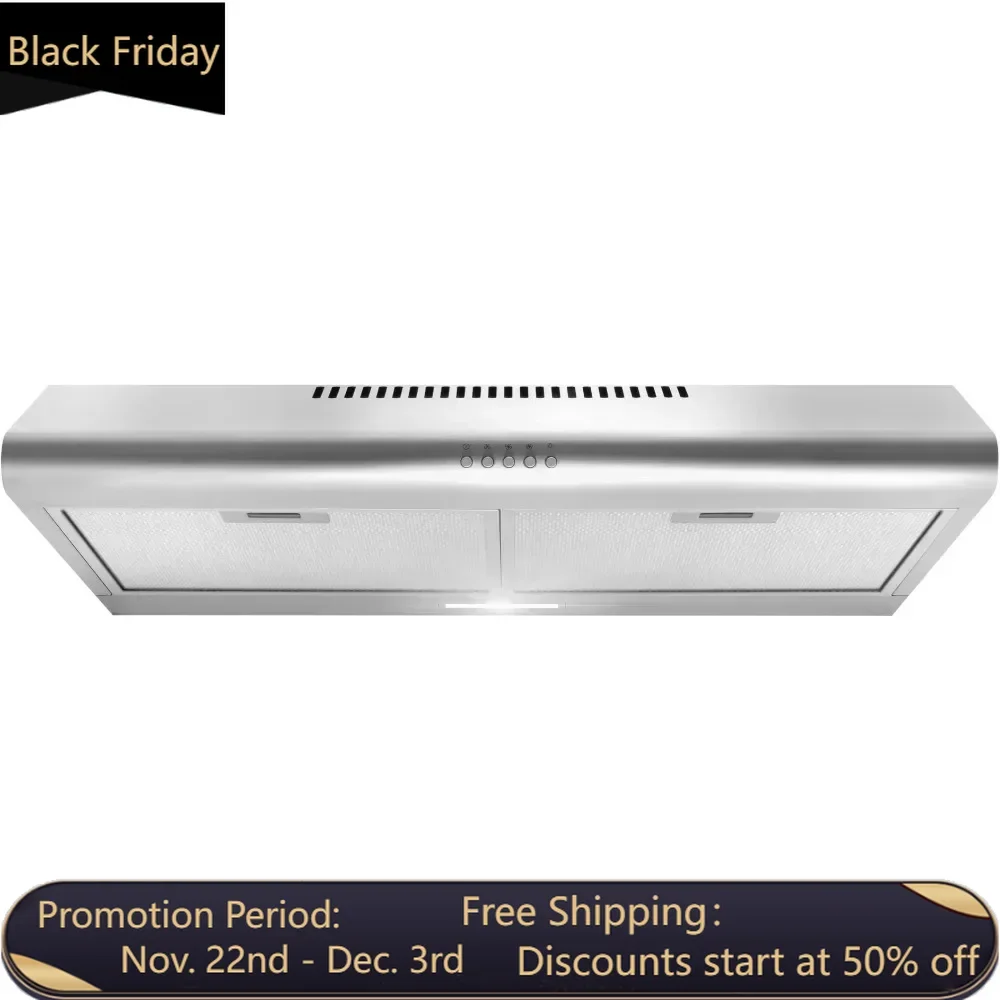 30 inch cabinet hood, ultra-thin kitchen stove vent, 3-speed exhaust fan, with filter and stainless steel LED light, 30 inches