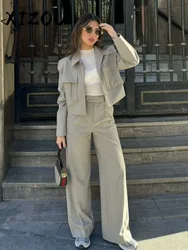 XIZOU 2024 Summer Fall Casual Women Solid Suits Fashion Streetwear Pockets Turn-down Collar Short Jackets+Chic Wide Leg Pants