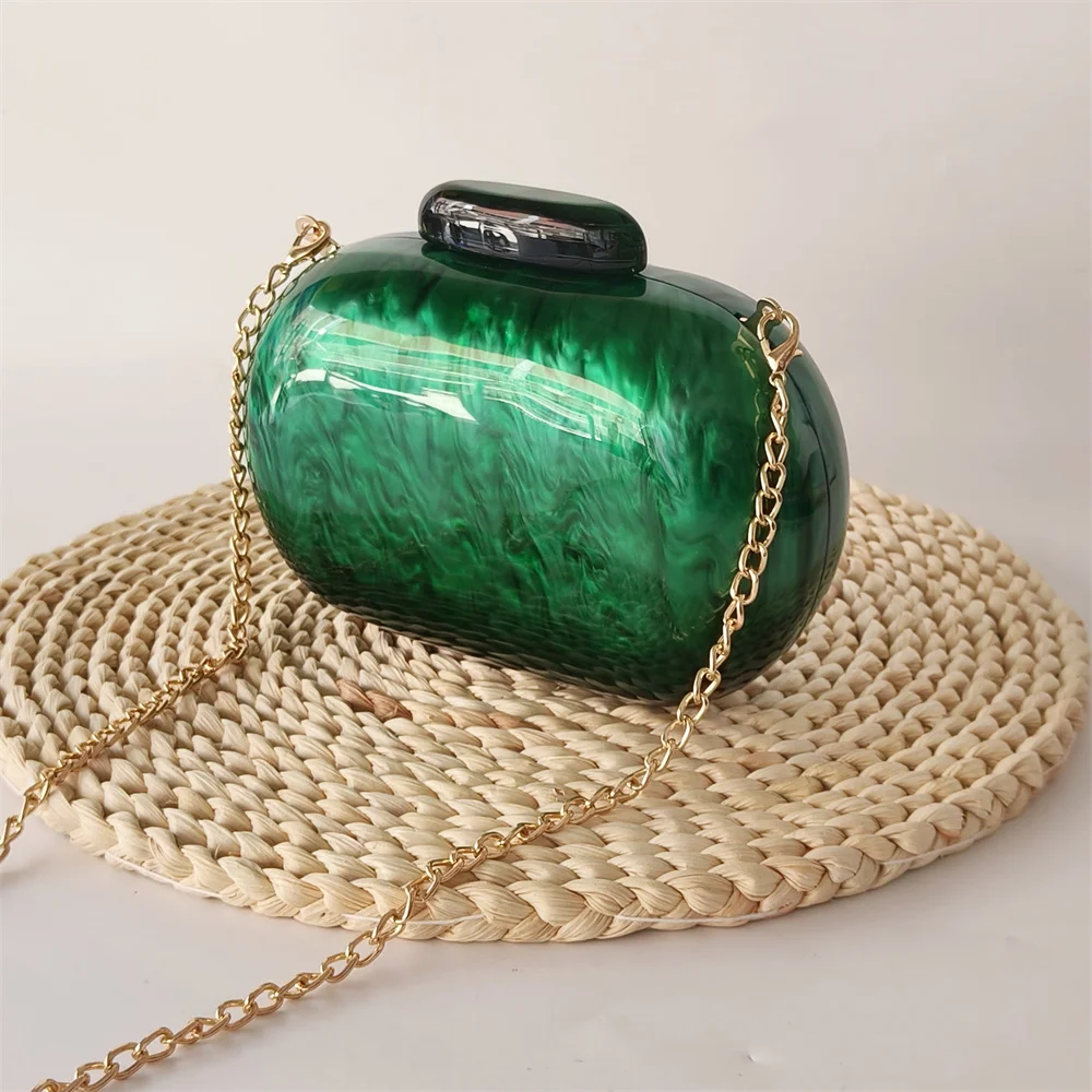 New Acrylic Box Women Wedding Stones Clutches Bags  Purse Handbag Oval Egg Mini Small Green Marble Female Bridal Clutch  Bags