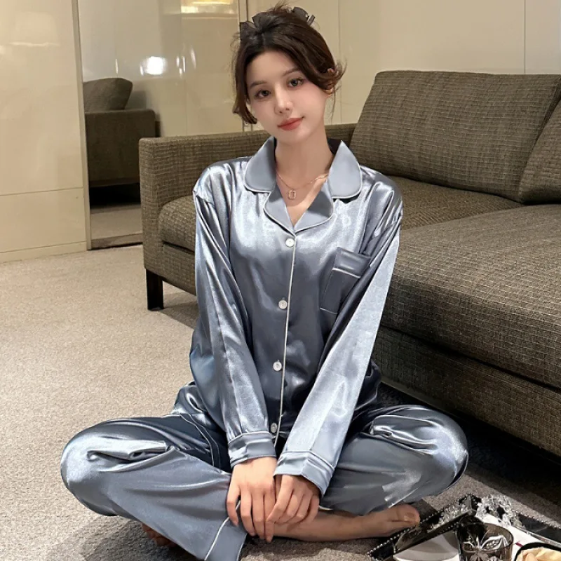 New Ladies Two-Piece Pajamas Casual Simulation Silk Homewear Spring And Autumn Summer Homewear Ice Silk Cardigan Set Pajamas