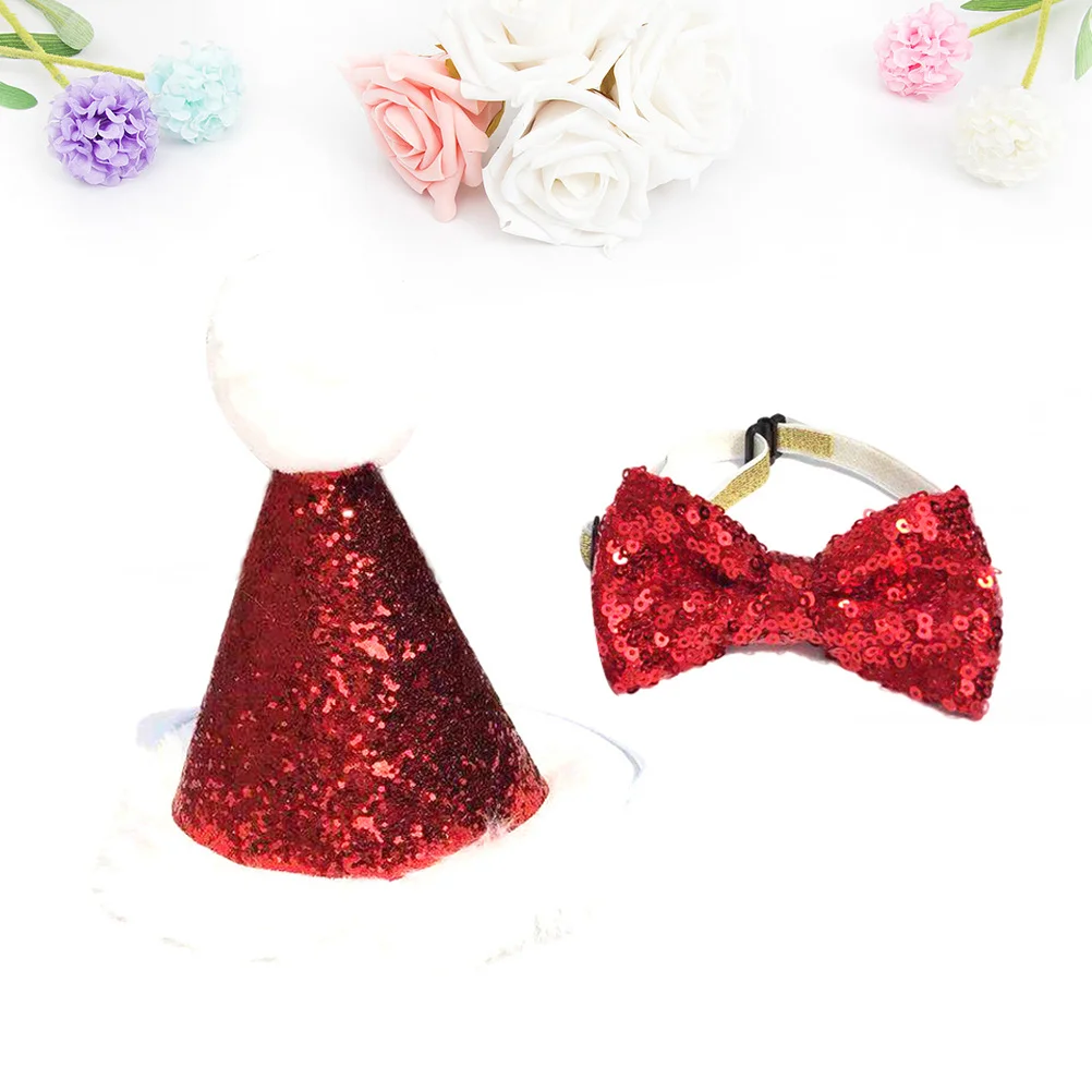 

2Pcs Pet Christmas Hat Tie Set Soft Comfortable Puppy Dog Party Costume Adorable Tricorne Bow Daily Wear Pet Hat