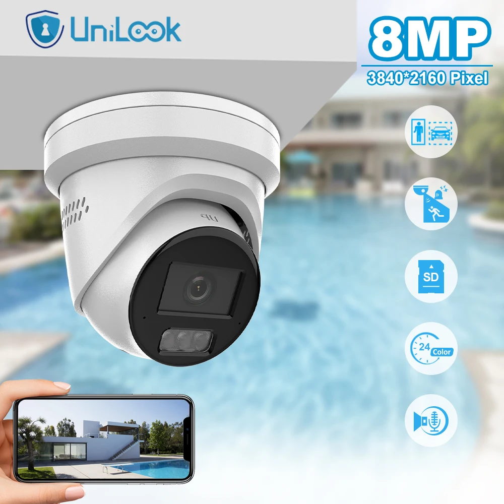 Unilook 4K 8 MP ColorVu Strobe Light and Audible Warning Fixed Turret Network POE IP Camera Outdoor IP67 Max 512GB SD Card