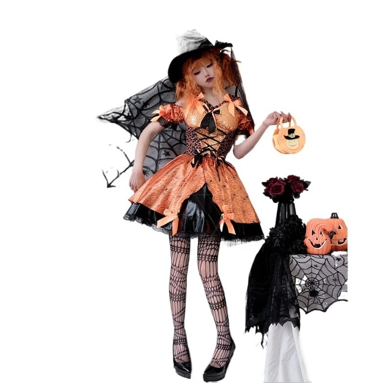 Neues Halloween-Kostüm Hexenhut Socken Kürbis-Kleid-Set Karneval Themenparty Rollenspiel-Outfits für Erwachsene Frauen