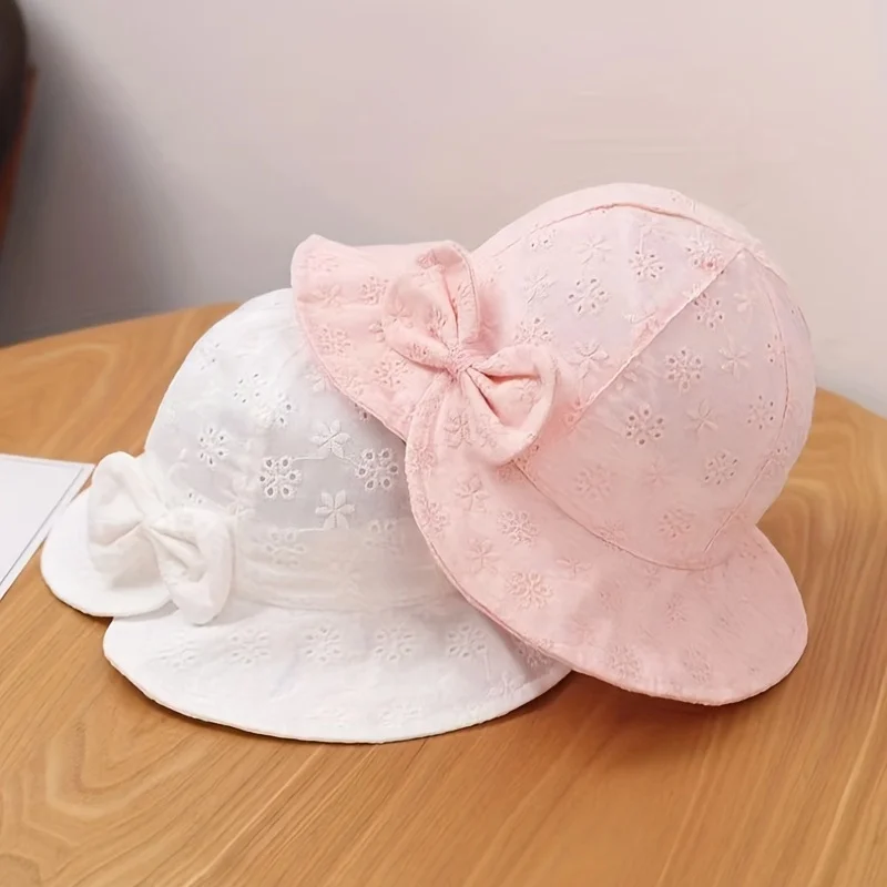 Baby Girls Lace Bow Fisherman\'s Sun Hat, Breathable Summer Outdoor Sunscreen Princess Cap For Newborn Infant Kids Children