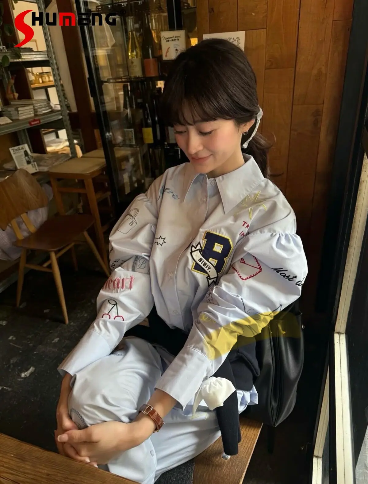 

2026 Spring Autumn Japanese Fashion Women's Shirt Letter Embroidery Graffiti Loose Long Sleeve Top Lady Casual Commuter Shirt