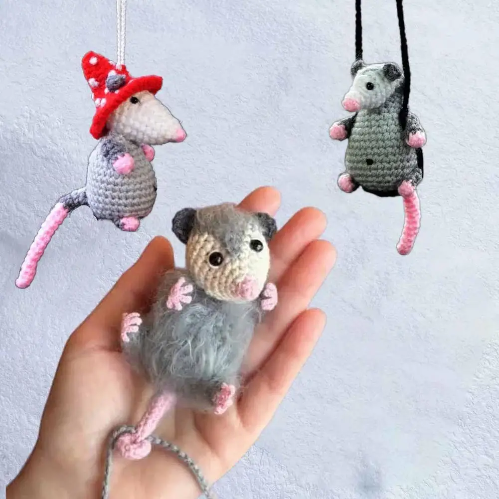 Cute Opossum Crochet Car Hanging Ornament Handmade Knitted Mouse Rearview Mirror Pendant Animal Pendant Car Interior Accessories