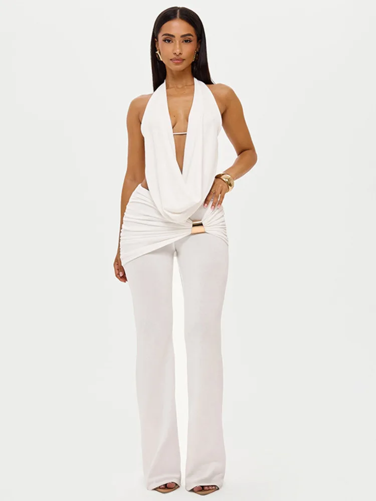 Mozision Seksowny Komplet Damski z Wycięciami: Top typu Halter z Głębokim Dekoltem w Serek i Długie Spodnie, Dopasowany Zestaw, Obcisły Seksowny Komplet Damski