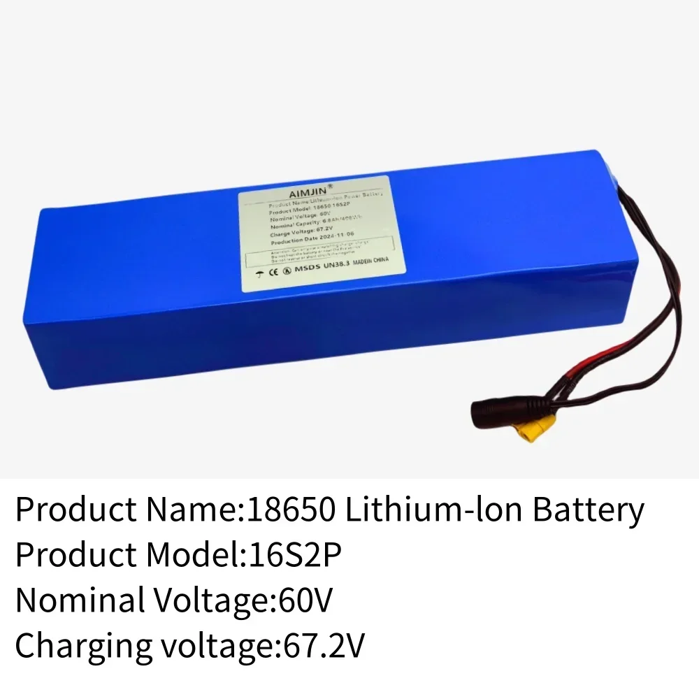 60V 16S2P 6.8Ah 18650 Lithium-Ion Battery Pack for Scooter 6800mAh High Energy Density with 1000W Built-in BMS