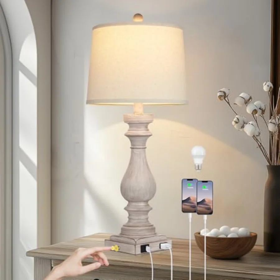 

29" Farmhouse Table Lamp for Living Room, Vintage Bedside Lamp with USB C+A Ports and AC Outlet, 3-Way Dimmable Touch Control W