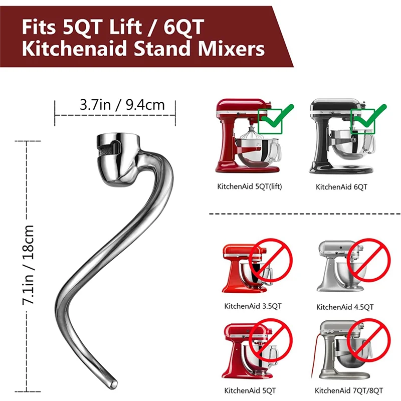 Dough Hook for Kitchenaid 5QT Lift and 6QT Stand Mixer, Mixer Dough Attachment, Dishwasher Safe image 5