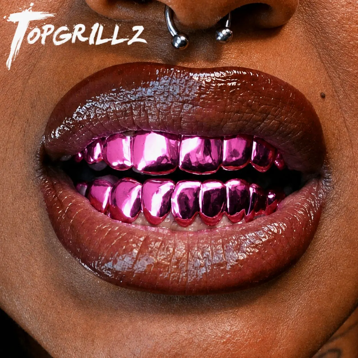 TOPGRILLZ Mirror Pink Purple Grills Set Copper Shiny Fake Teeth Covers for Halloween 6-10 Teeth Rapper Style Party Jewelry