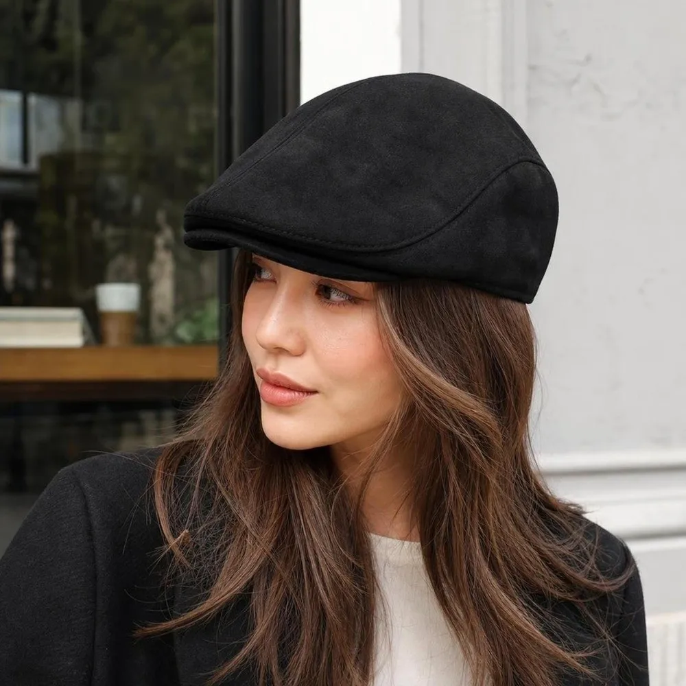 Unisex Solid Color Suede Newsboy Cap Warm Soft Winter Forward Hat Vintage Style All-match Retro Flat Cap Winter