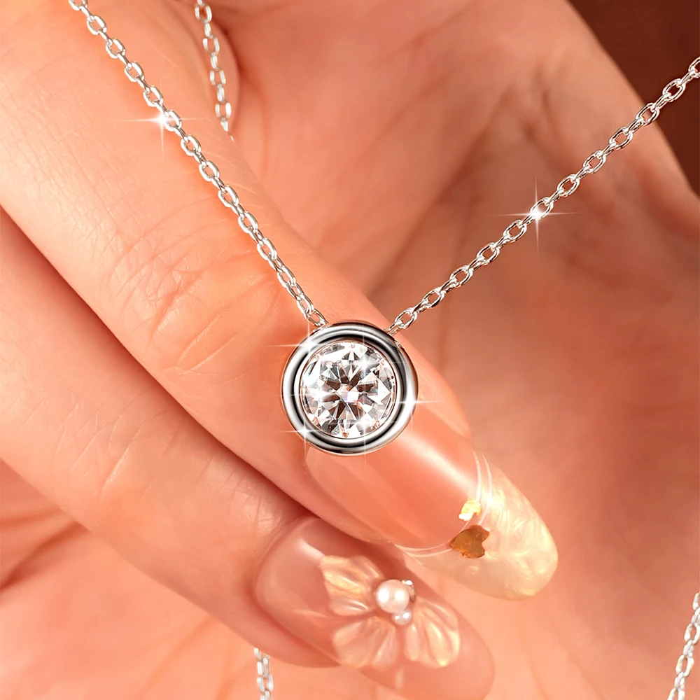 OXTAO Certified Moissanite Bubble Pendant Necklace 4mm/5mm/6.5mm/7.5mm Round Charm Necklace 14K Gold Filled Chain Women Jewelry