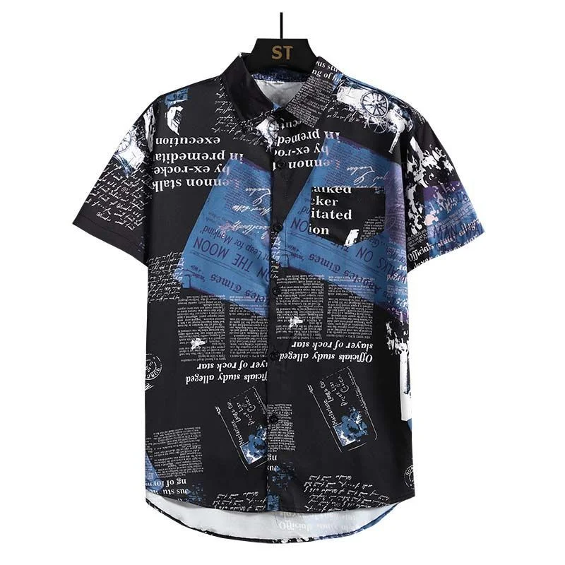 Men's Newspaper Printed 2-piece Set Short Sleeve Button Collar Shirt Drawstring Shorts Summer Hawaiian Beach Casual Wear view 3