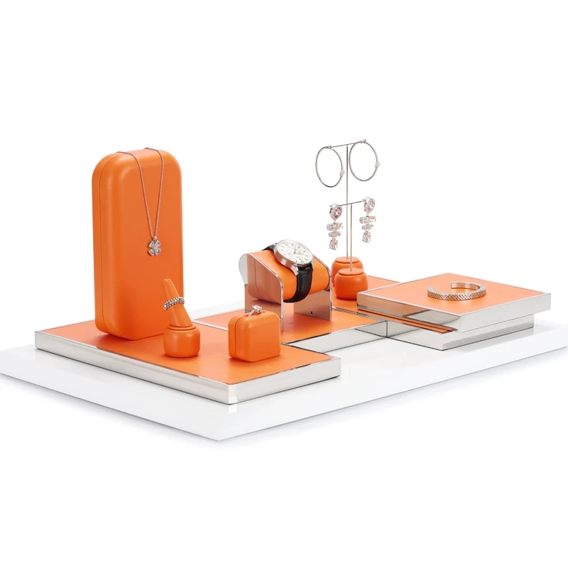 Oirlv Jewelry Display Props Orange Ring Earring Bracelet Necklace Jewelry Stand Watch Holder Leather Jewelry Display Stand Set