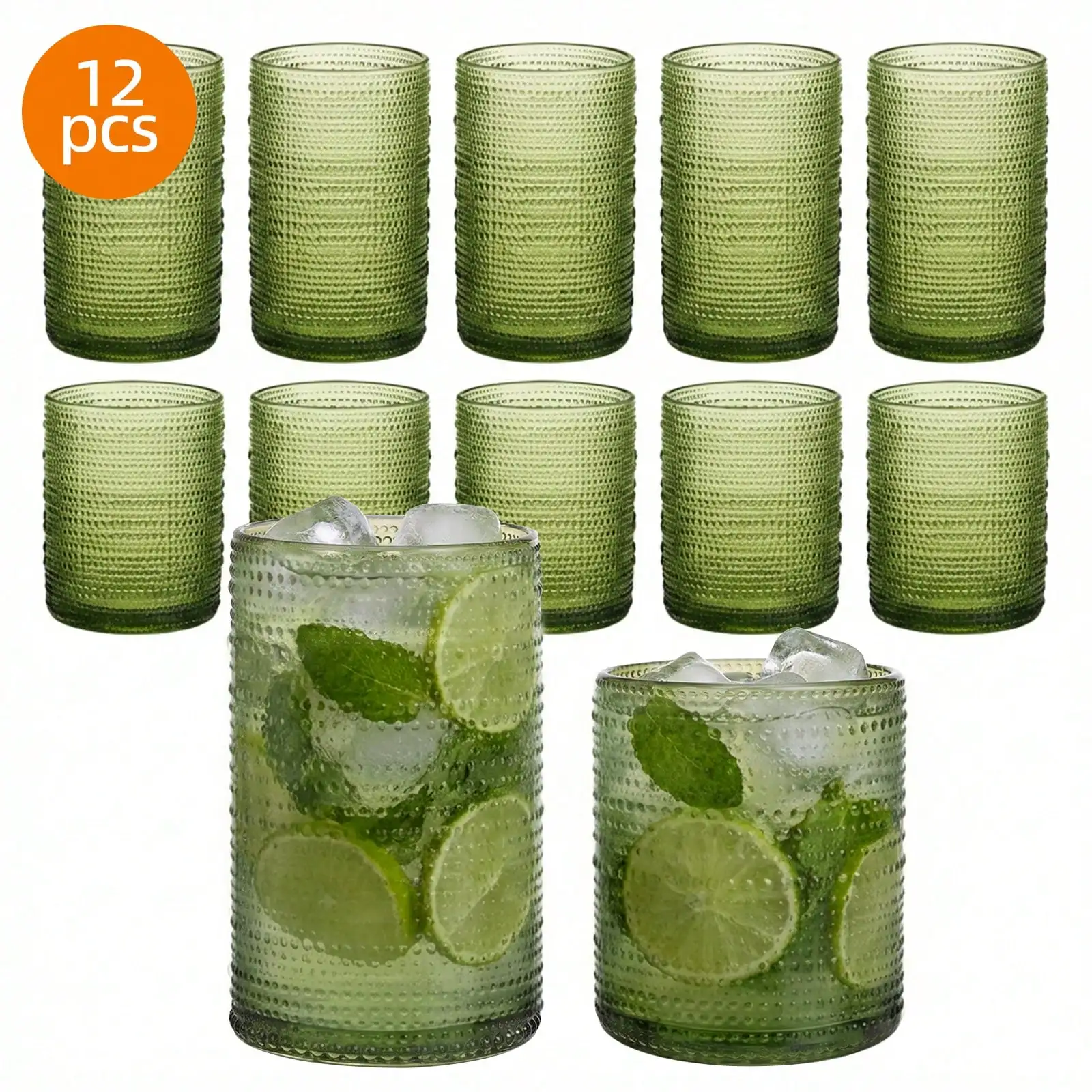 12-Piece Hobnail Drinking Glasses Set, 12 Oz & 10 Oz Clear Embossed Tumblers—Highball And Cocktail Glassware For Bar, Kitchen, W