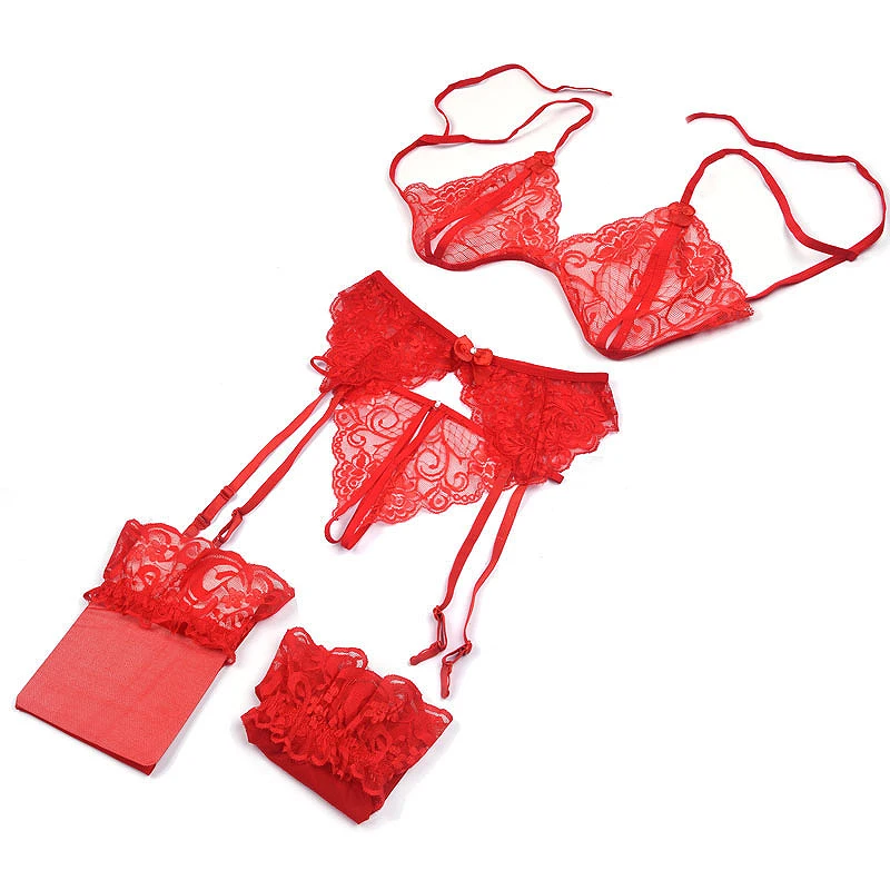 1 Set Women's Lace Lingerie, Sling Open Push Up Bra, Garter Panties & Transparent Net Stockings Intimate Wear For Ladies - Image 2