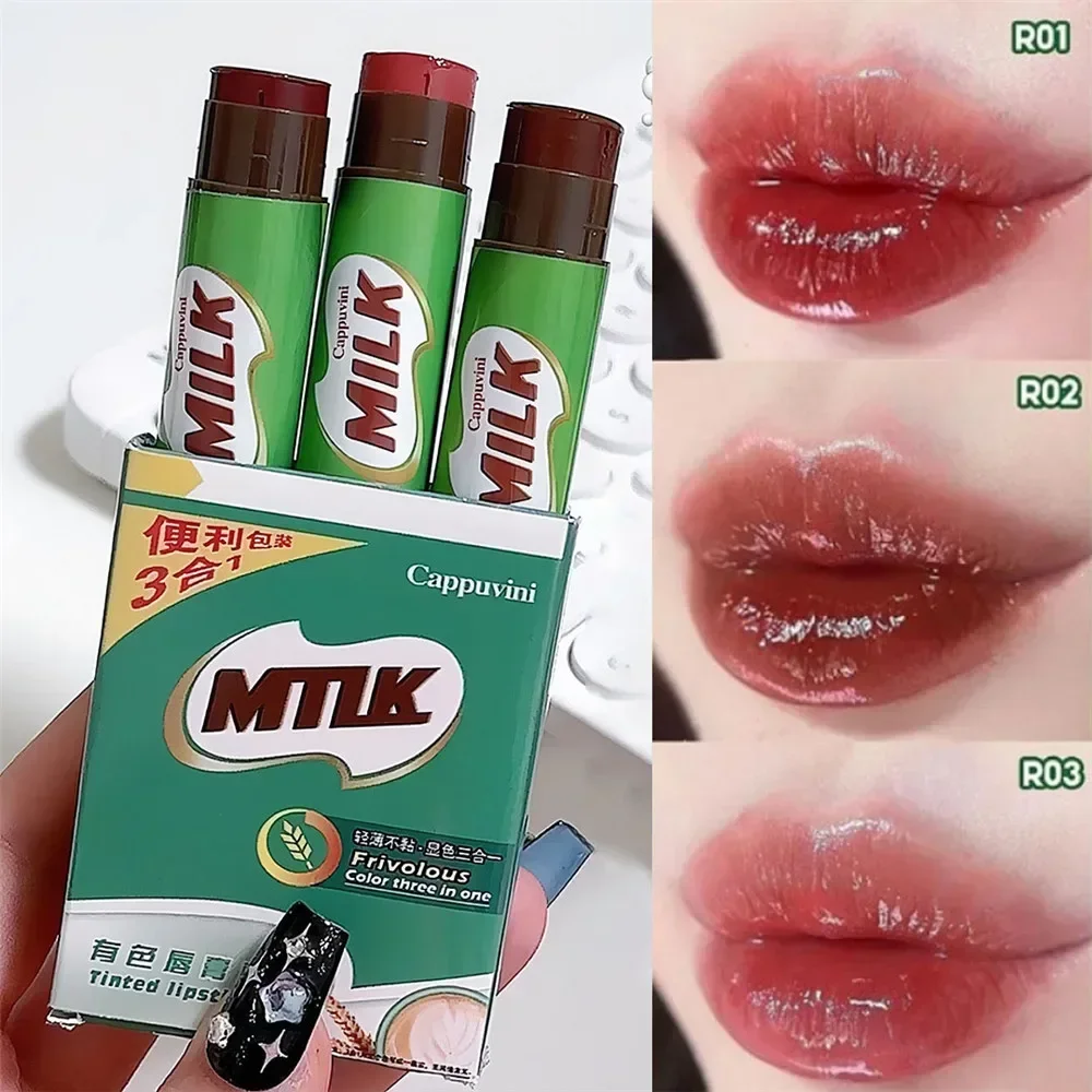 3pcs/set Colored Lip Balm Moisturizing Chestnut Brown Lipstick Waterproof Long Lasting Sexy Red Tinted Lip Gloss Korean Cosmetic