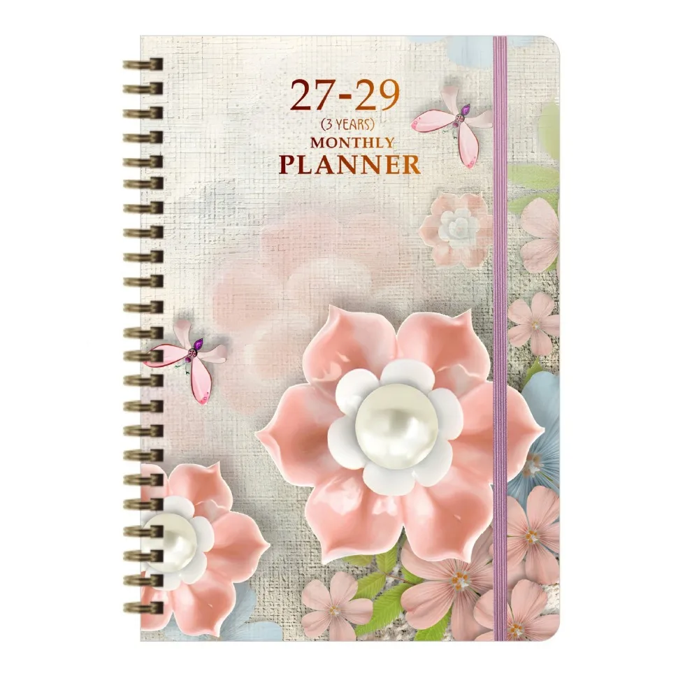 Flower Theme Cover 2027-2029 Monthly Calendar A5 Cat Print 3-Year Plan Book Spiral Bound Annual Calendar Notebook Work Office