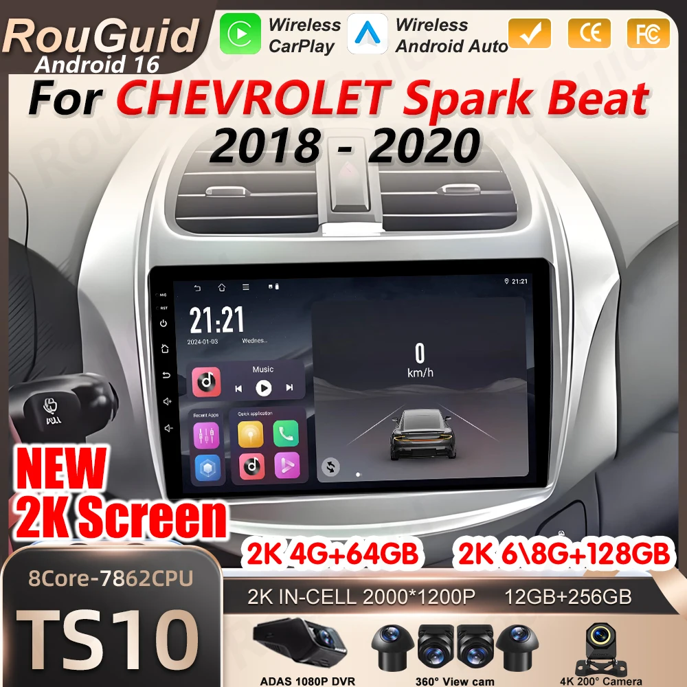 Android 16 Auto Carplay Car Radio For CHEVROLET Spark Beat 2018 2019 2020 Multimedia Player 2Din 5G  Wifi GPS Navigation Video