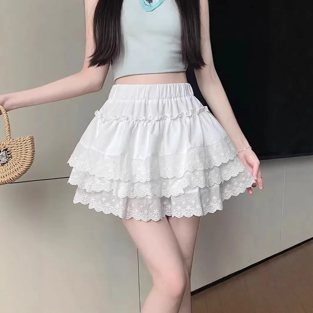 

Sweet Slim Tiered Lace Hem Skirt New Summer High Waist Anti Exposure Lace Short Party Casual Skirt