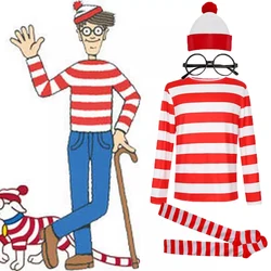 Parent-child Cartoon Where is Wally Waldo Costume Waldo Book Week Cosplay Outfit Stripe Long Sleeve Shirt Hat Glasses Adult kids