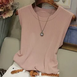 Fashion Ice Silk Knitted Vest Gym Tank Top Women Round Neck Thin Sleeveless Shirt Summer wide shoulder Loose Blusas 4588 50