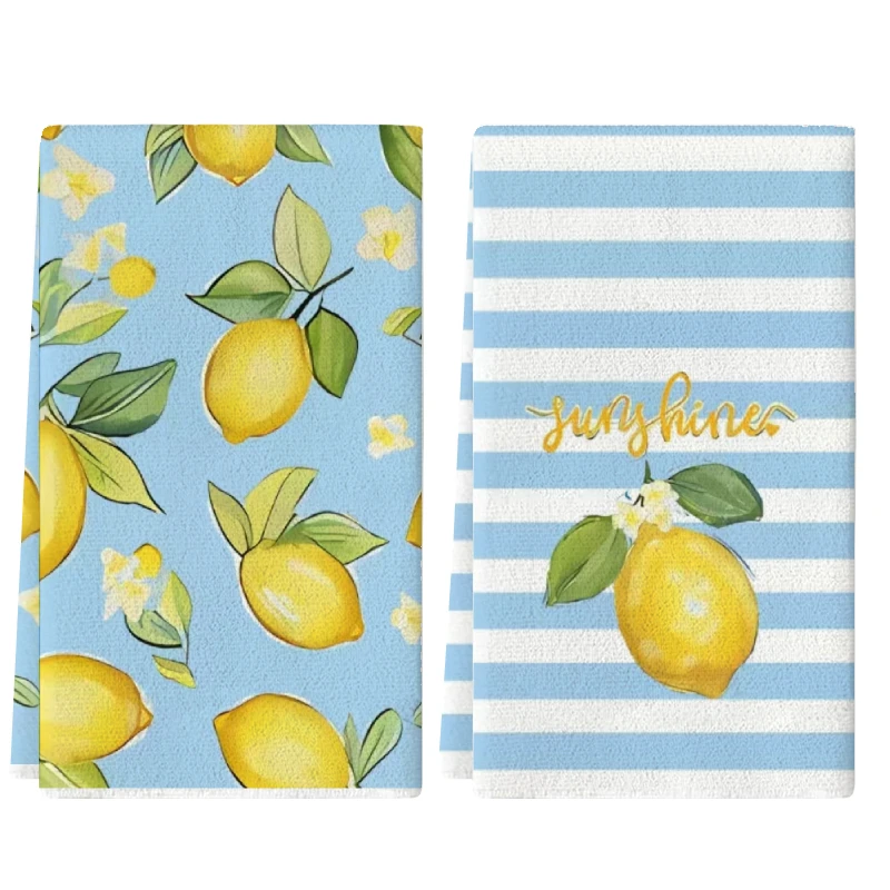 2Pcs, Blue Striped Lemon Kitchen Towels, 40Cm*60Cm Towel Set, Best Kitchen Towels, Super Absorbent Soft Cleaning Cloth, Cooking and Baking Tea Towels, Hand Towels, Cleaning Cloths, Dishcloths, Kitchen Decor, Living Room Decorations, Kitchen Essentials, Home Essentials