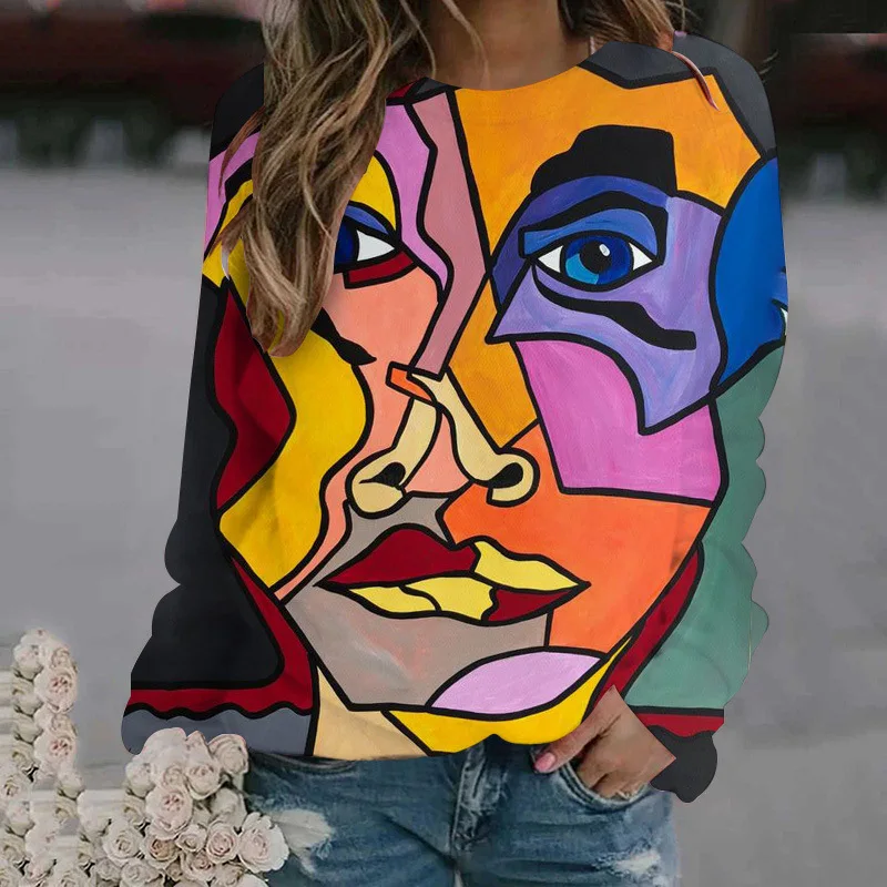 Abstract Face Pattern Sweatshirts Funny 3D Print Hoodies Women Long Sleeve Y2k Hoodie Oversized Pullovers Tops Female Clothing