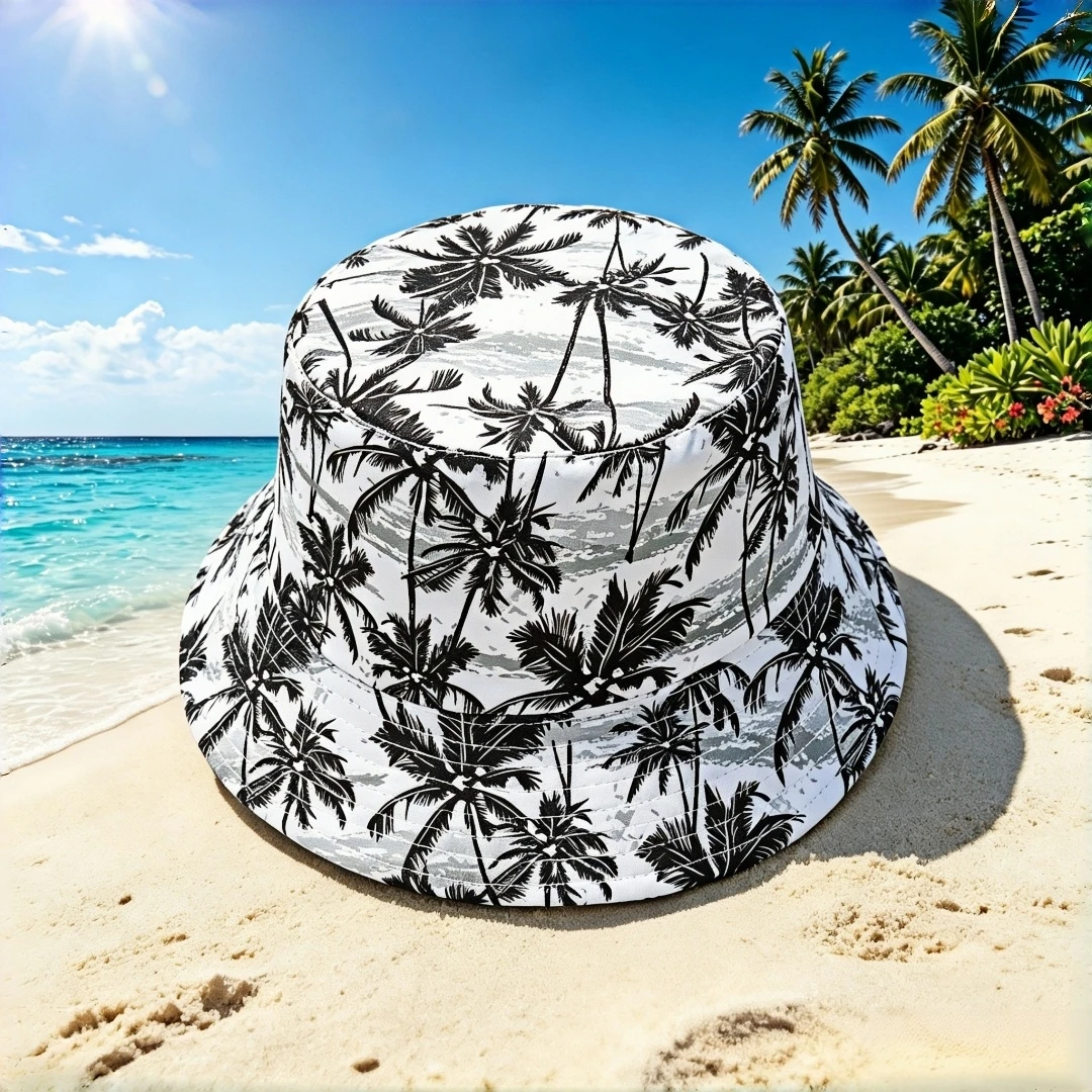 Tropical Coconut Tree Print Bucket Hat Men Women Summer Beach Sun Hat Foldable Reversible Fisherman Cap Outdoor Travel Vacation