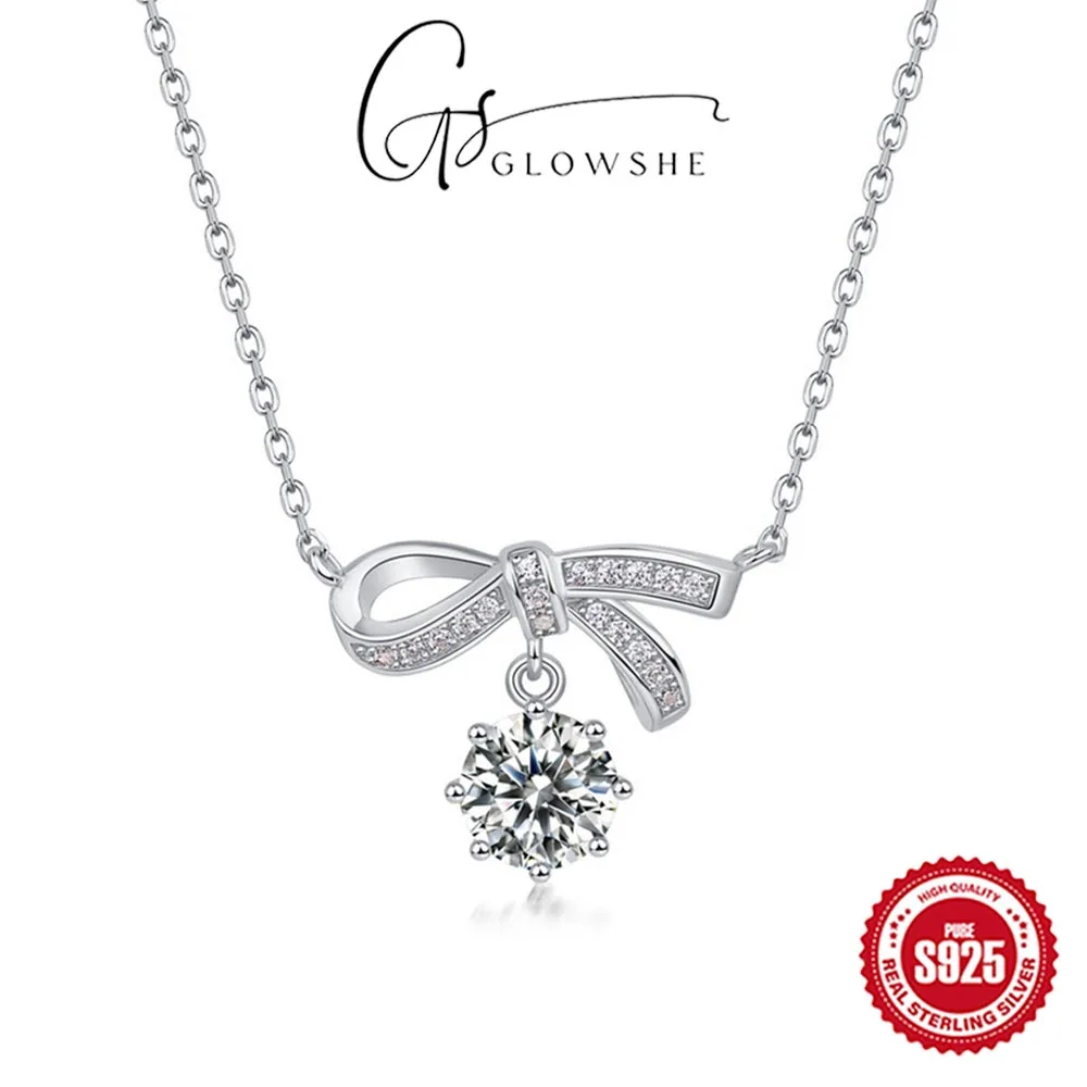 

Glowshe 925 Sterling Silver Moissanite Bowknot Necklace Party Design Fine Jewelry 2025 New Trendy Women's Elegant Luxury Gift