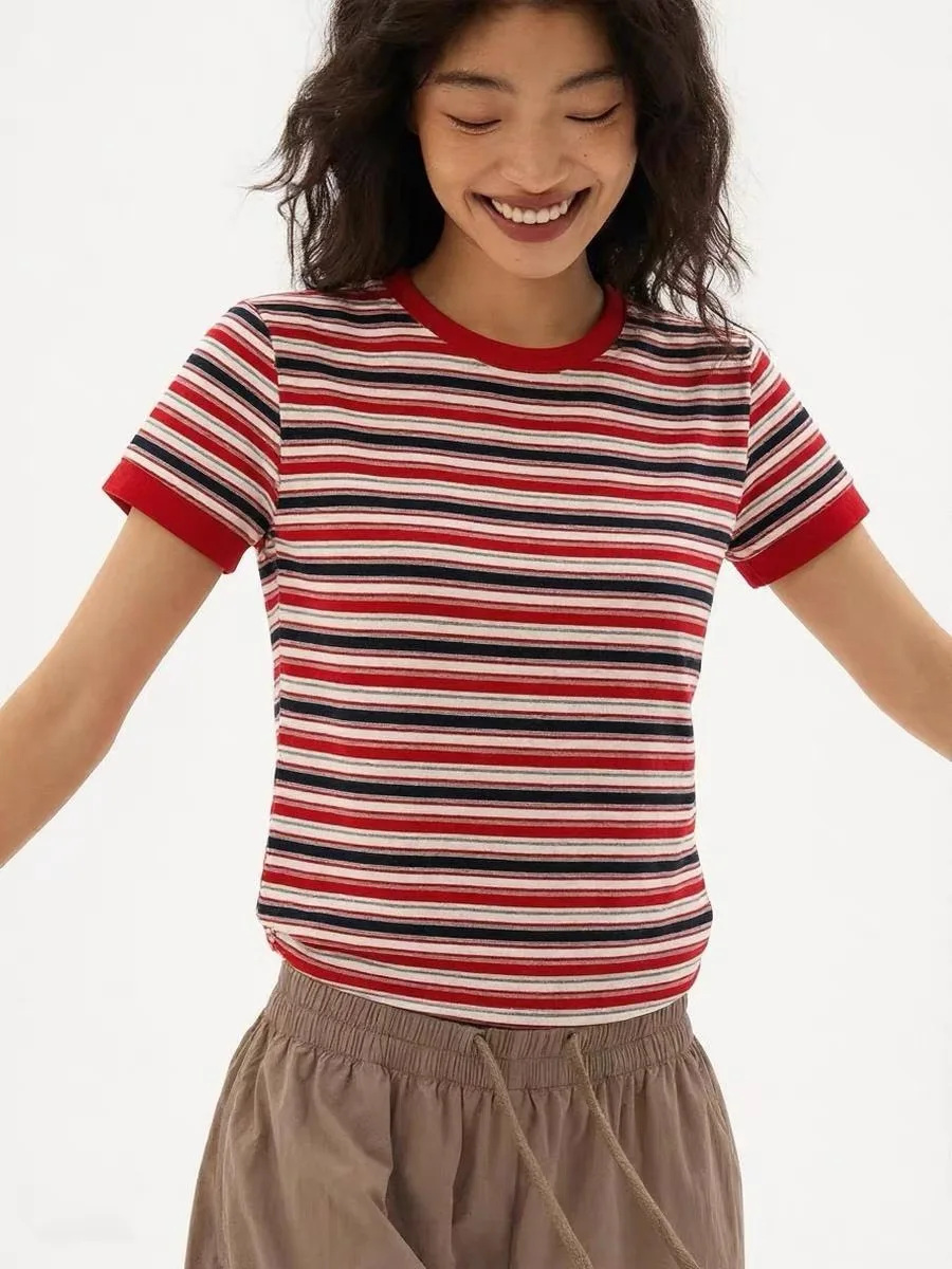 Luxury Elegant Red Striped Shoulder-Fitted Short Sleeve T-Shirt Women Unique Stylish Summer New Casual Tops