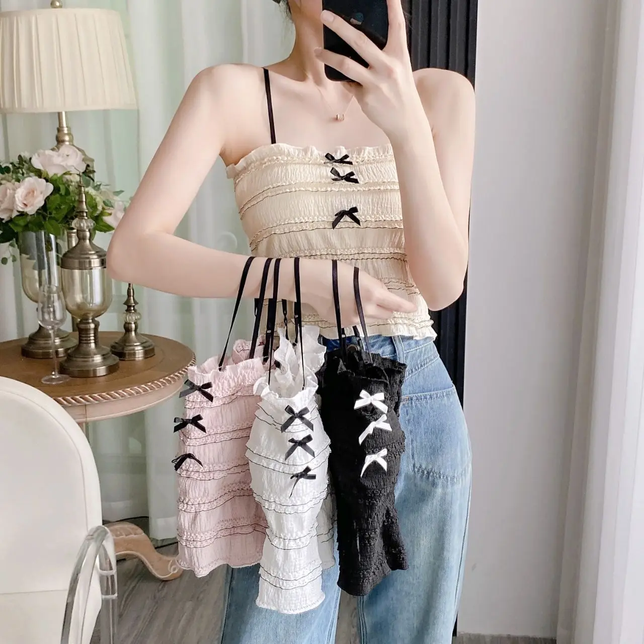

Pure and gentle style lace back camisole vest sexy chest wrap strapless butterfly knot decoration integrated breast pad