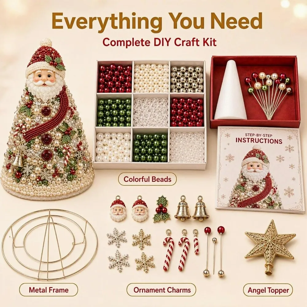 Beaded Christmas Tree Craft Kit, Adult Beaded Christmas Tree Kit, 3D Crystal Bead Holiday Craft Set with Colorful Beads, Ornament Charms, Metal Frame, And Angel Topper (#8)