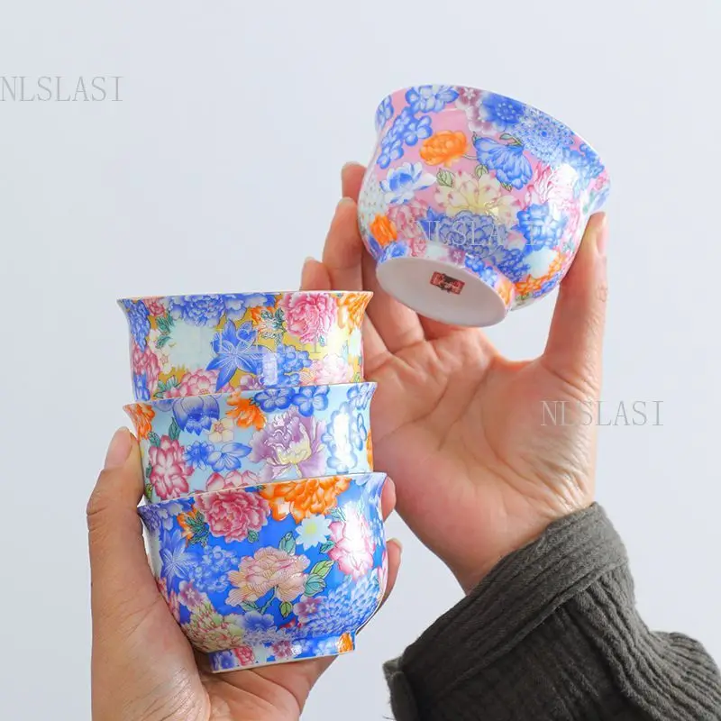 Vintage Full Bloom Flower Porcelain Teacup Set 4 Pcs Chinese Style Drinking Cups Complete With Premium Gift Box For Holiday Gift