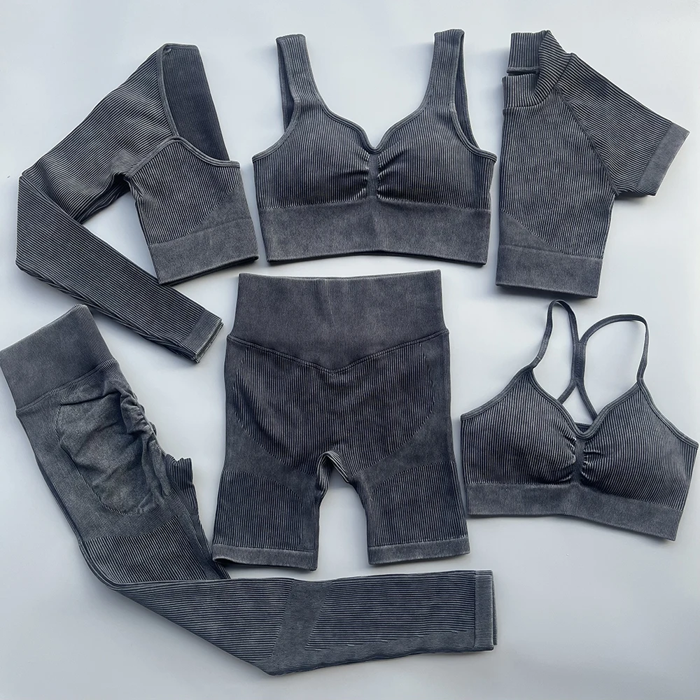 Women Yoga Set Ribbed Washed Seamless Tracksuits Crop Top Shirt Gym Leggings Outfit Workout Fitness Wear Sport Suit